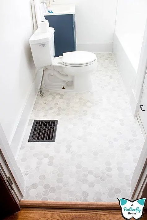 Mosiac Tile Hexagon Bathroom, Ikea Bathroom Remodel, Install Vinyl Sheet Flooring, How To Install Vinyl Sheet Flooring, Vinyl Tile Bathroom, Vinyl Bathroom Flooring, Vinyl Flooring Bathroom, Sheet Flooring, Vinyl Sheet Flooring