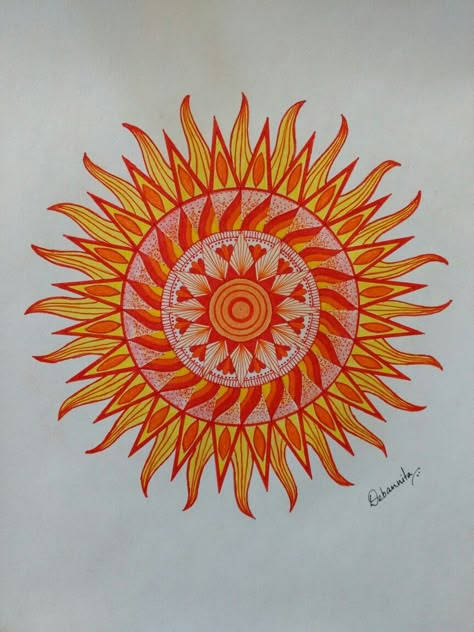 Sun mandala. Warm colors. Summer mandala. Mandala drawing by Debannita. Sunshine Mandala, Coloured Mandala, Summer Mandala, Mandala Sun, Drawing Mandala, Sun Mandala, Sun Drawing, Yin Yang Tattoos, Mandala Canvas