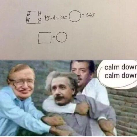 360 degrees, rectangle = circle, Neil Degrasse Tyson and Stephen Hawking holding back Albert Einstein: "calm down, calm down" Cool Memes, 밈 유머, School Memes, Hilarious Memes, 웃긴 사진, Crazy Funny Memes, Memes Humor, Anime Meme, Calm Down