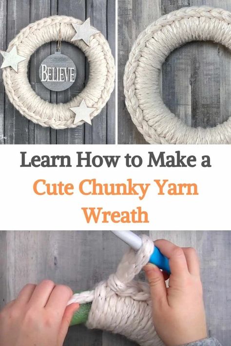 Here is a very simple and fun tutorial for you! All you need for this easy tutorial is a super chunky/bulky/jumbo yarn, a crochet hook, super glue, and a foam crown. After that, you can add as many cute ornaments as you want! In this tutorial, the lovely Rebecca from Yarn and Chai will teach you how to cover a foam wreath with chunky yarn to create a pretty and simple base for your wreath projects this holiday season. This is an EASY technique! Even if you don't crochet, you can still go... Yarn And Chai, Crafts With Chunky Yarn, Wreath Base Ideas, Diy Wreath Base, Foam Wreath Ideas, Foam Wreath Ideas Diy, Chunky Yarn Wreath Diy, Yarn Wreath Ideas, Jumbo Yarn Crochet