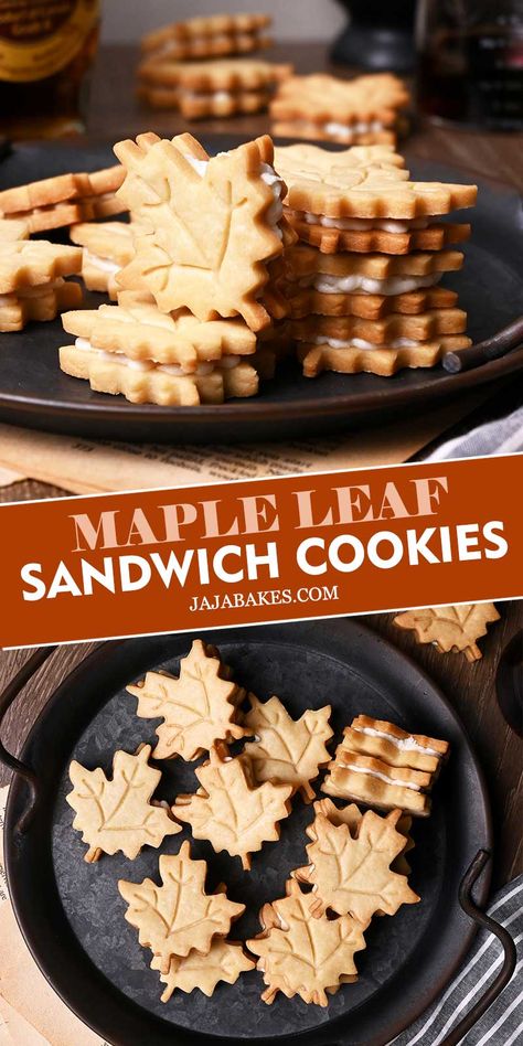 Maple Sandwich Cookies Recipe, Maple Cutout Cookies, Maple Leaf Sandwich Cookies, Maple Sandwich Cookies, Maple Cream Cookies, Maple Cookies With Maple Frosting, Maple Cookies Recipe, Canadian Baking, Molded Cookie Recipe