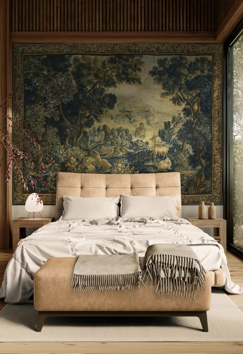 Elegant woodland tapestry depicting a serene forest scene with tall trees, lush foliage, and peaceful wildlife including a stag and foxes. The rich blue-green tones create a calming atmosphere, perfect for adding nature's tranquility to any room. #WoodlandTapestry #HomeDecor" Tapestry Office Ideas, Large Tapestry Bedroom, Vintage Tapestry Bedroom, Tapestry Interior Design, Woodland Aesthetic Bedroom, Bedroom With Tapestry, Giant Tapestry, Tapestry Behind Bed, Recording Studio Bedroom