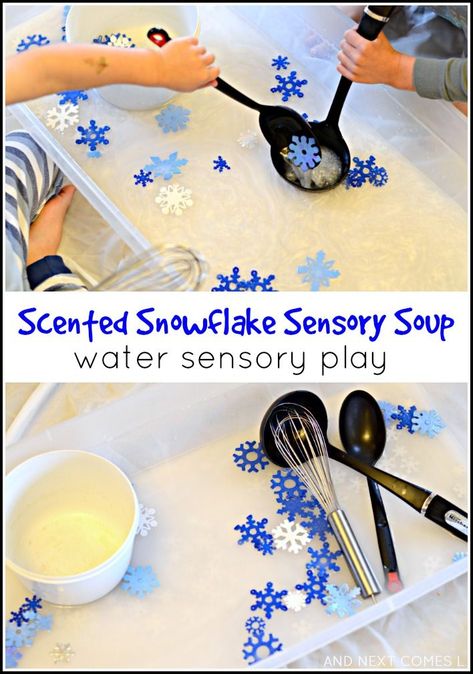 Scented snowflake water sensory play - great fine motor fun for toddlers and preschoolers from And Next Comes L Christmas Water Tray Ideas, January Eyfs Activities, Winter Water Table Ideas, Christmas Water Table Ideas, Christmas Water Play, Winter Wonderland Sensory Bin, Winter Messy Play, Winter Wonderland Preschool Theme, Christmas Messy Play Ideas