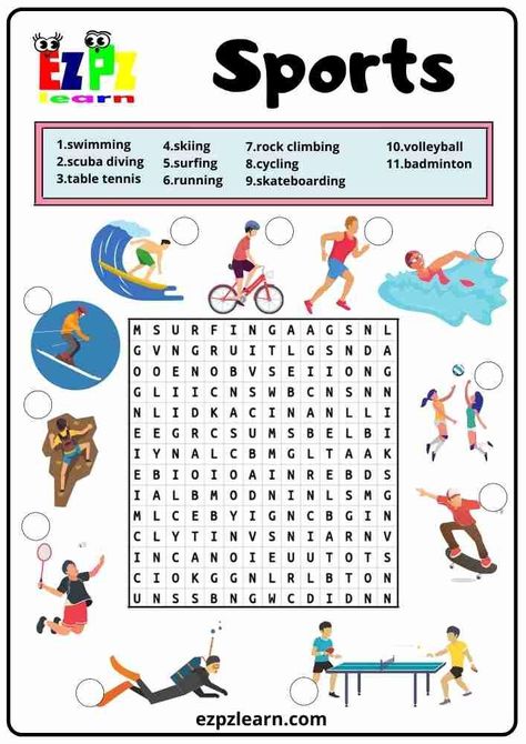 Free Printable Word Search Worksheets For Kids Topic Sports Kindergarten Preschool Game Sports Worksheets For Kids, Sports Word Search, Sports Crossword, Sports For Kids, Word Puzzles For Kids, Free Printable Word Searches, Printable Sports, English Activities For Kids, English Exercises