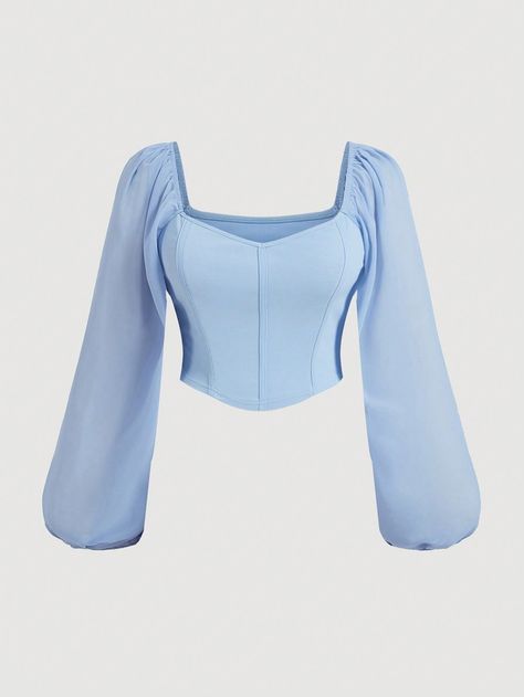 Plus Size Sweetheart Neckline Corset Lantern Sleeve Blouse Blue Casual  Long Sleeve Woven Fabric Plain Top Non-Stretch  Women Plus Clothing, size features are:Bust: ,Length: ,Sleeve Length: Corset Top With Long Sleeve, Manche, Corset Top With Sleeves, Corset Azul, Light Blue Corset, Long Sleeve Corset Top, Light Blue Blouse, Corset Blouse, Blue Corset