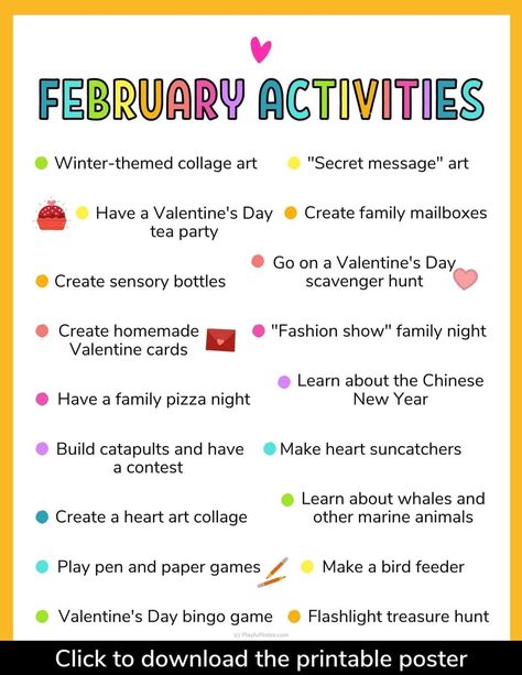 February Activities For Kids, February Games, Monthly Family Activities, Activity Days Ideas, February Lessons, Daycare Themes, Activity Calendar, February Activities, Pen And Paper Games