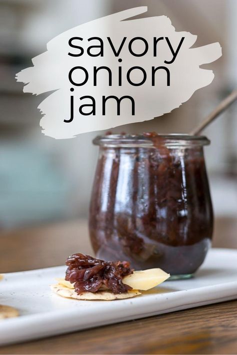 This Savory Red Onion Jam recipe is the perfect condiment for sandwiches, pizzas and as an addition to your meat and cheese platter. This Balsamic Onion Jam also features red wine and subtle, earthy thyme. Canning this onion jam makes great food gifts; the addition of vinegar and wine raises the acidity and makes this a perfect recipe for preserving onions. Preserving Onions, Balsamic Onion Jam, Meat Cheese Tray, Meat And Cheese Platter, Onion Jam Recipe, Red Onion Jam, Savory Jam, Meat And Cheese Tray, Balsamic Onions