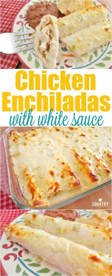 Chicken Enchiladas With White Sauce, Enchiladas With White Sauce, White Sauce Enchiladas, Creamy Cheesy Chicken, Cheesy Chicken Enchiladas, White Chicken Enchiladas, Creamy Chicken Enchiladas, Chicken Enchilada Recipe, Comfort Food Recipes Dinners