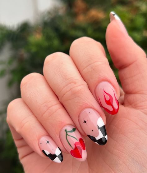 🏁🍒🖤 Ib: @landofhands . . . . . . . . . . . #nailinspo #mixmatchnails #summernails #cherrynails #flamenails #gelx #gelxnails #bostonnails #bostonnailtech #nailsbysarai #uñas #uñasdecoradas #uñasacrilicas Neutral Flame Nails, Graphic Nails Designs, Red Flame Nail Designs, Nail Fire Art, Nail Ideas Flames, Flame Tip Nails, Red Flames Nails, Vegas Nail Ideas, Red And Blue Nails Design