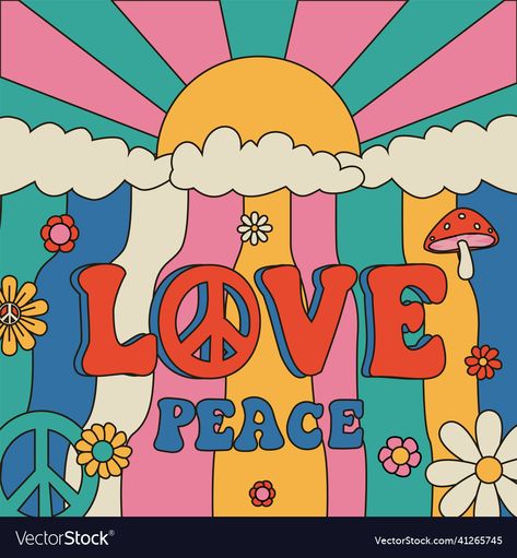 Mundo Hippie, Hippie Posters, Peace Poster, Art Hippie, Hippie Aesthetic, Hippie Flowers, Mixed Media On Canvas, Hippie Art, Love Peace