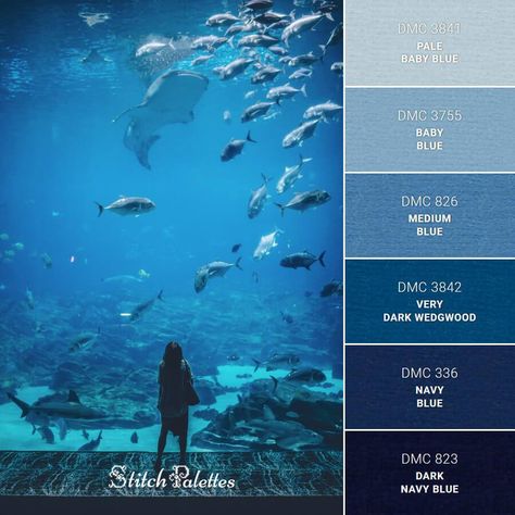 Embroidery Color Palette, Embroidery And Cross Stitch, Cross Stitch Projects, Breathing Underwater, Color Pallete, Color Schemes Colour Palettes, Blue Palette, Blue Colour Palette, Color Palette Design