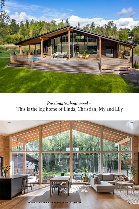 A unique, contemporary log home for a family of four in Finland. The gable-end window wall provides the home with a Nordic ambience. Subdued decor with natural materials was chosen, so as not to draw attention away from the landscape. The centrepiece is the living-room-dining-area-kitchen. 
#Honkarakenne #Honkatribe #loghouse #loghomelife #loghomeliving #hirsitalo #hirsikoti #honka #cozy #relax #nordicdesign #nordicarchitecture #woodenhouse #modern #contemporary #scandinavian #architecture #roof Pole Barn Homes Interior, Barndominium With Shop, Chalet Modern, Livable Sheds, Scandinavian Modern House, Modern Barn House, Amber Lewis, Log House, House Shop