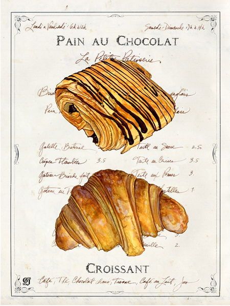 Joyner -Pastry croissant 달력 디자인, Family Book, Culinary School, French Pastries, French Food, Food Drawing, Watercolor Inspiration, Room Posters, Food Illustrations