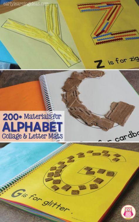 ABC collages and letter mats are great alphabet activities to reinforce letter-sound relationships.  This article includes a list of over 200 materials to use as collage materials and/or materials to use on letter mats.  This is a great literacy, letter of the week, and phonics activity for preschool, pre-k, kindergarten, and early childhood education. Tactile Alphabet Book, Touch And Feel Alphabet, Alphabet Book For Preschool, Kindergarten Alphabet Book, Letter A Activities For Preschool Pre K, I Letter Craft Preschool, Letter Smash Activity, Letter A Activities, Preschool Alphabet Book