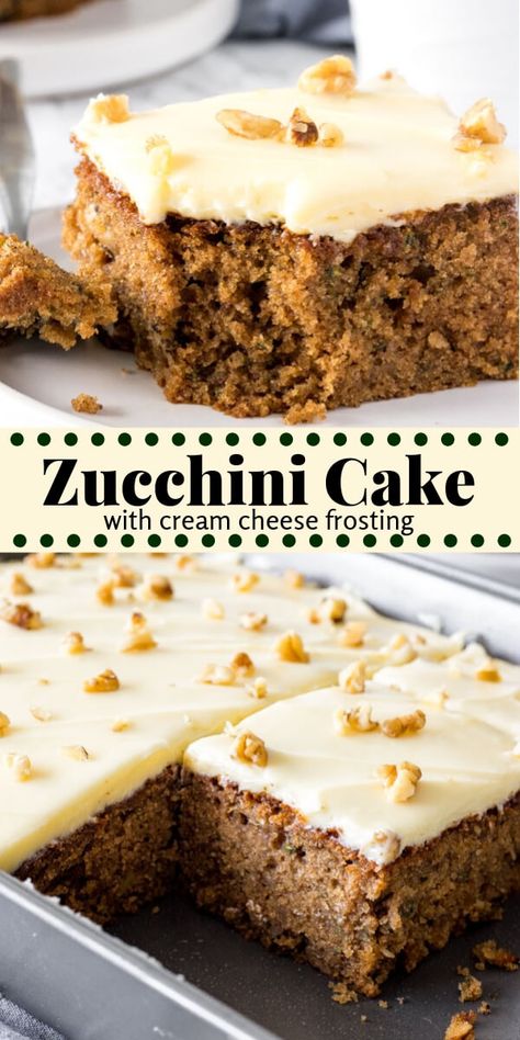 Zucchini cake is a moist, dense, spice cake that's topped with tangy cream cheese frosting. Brown sugar, cinnamon and nutmeg give the cake its delicious flavor - then adding grated zucchini makes the cake have the most irresistible crumb. And when there's cream cheese icing involved - can you really go wrong? #zucchini #recipes #cake #zucchinicake #zucchinidesserts #creamcheesefrosting #spicecake Zucchini Desserts, Zucchini Cakes Recipe, Zucchini Recipes Dessert, Grated Zucchini, Torte Cupcake, Cake With Cream Cheese Frosting, Zucchini Cake, Zucchini Bread Recipes, Recipes Cake