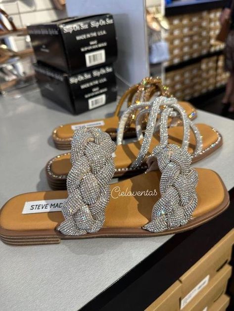 #sandals #stevemadden Sandles Shoes, Trendy Slippers, Pretty Sneakers, Fluffy Shoes, Pretty Sandals, Rhinestone Sandals, Girly Shoes, Girly Accessories, Buckle Sandals