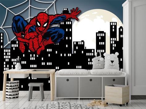 Spider Man Wallpaper Peel and Stick for Boys, Comics Avengers Teen Room, Vinyl Wall Art Decor Kids Playroom, Night Cityscape Mural Toddler 💚 OUR ADVANTAGES IN THE PRINTING PROCESS - All our items are printed with Top Class, Professional HP Latex Printer. - Only Original HP Eco Latex inks are used - Healthcare-water-based HP Latex Inks are Completely odorless! - No special ventilation is required, no hazard warning labels or HAPs, nickel free - Meet high standards-HP Latex Inks are UL ECOLOGO, U Kids Spiderman Bedroom, Avengers Kids Room Ideas, Spider Man Boys Room, Boys Spiderman Bedroom Ideas, Kids Superhero Bedroom, Spidey Room Ideas, Spider Man Kids Room, Spider Man Room Aesthetic, Spider Man Bedroom Ideas Little Boys