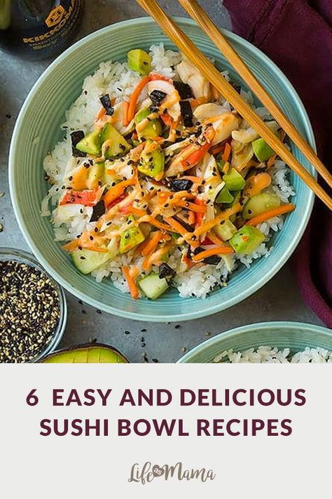 These sushi bowl recipes are super easy for you to create, always safe to eat, and crazy delicious! They're the perfect alternative to attempting regular sushi at home, but with all the amazing flavor! Here are 6 fantastic recipes. | #healthyrecipes #sushibowl #diy #recipes Homemade Sushi Bowl, Diy Sushi Bowl, Sushi Meals, Sushi Bowls, Tuna Poke Bowl Recipe, Sushi Bowl Recipe, Chicken Bowl Recipe, Sushi At Home, Sushi Bowl