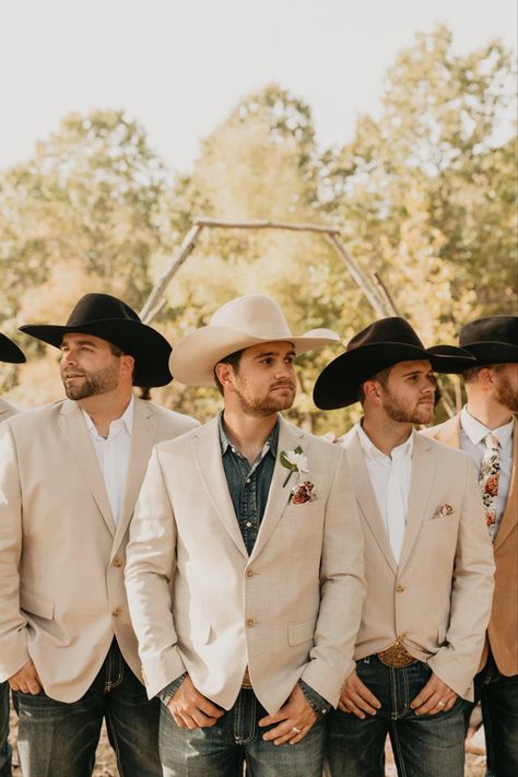 Groom And Groomsmen Western Attire, Western Wedding Outfit Groom, Outdoor Wedding Mens Attire, Western Groomsmen Attire Tan, Formal Cowboy Outfits Men Wedding, Country Wedding Suit, Jeans And Boots Wedding Guys, Groom Country Wedding Attire, Western Mens Wedding Attire