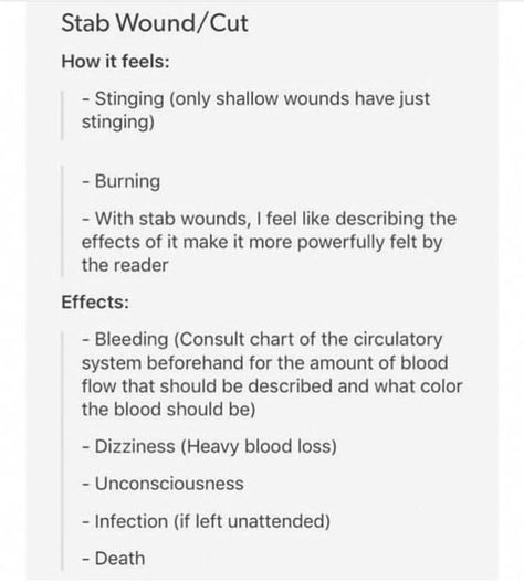 How To Write Stab Wounds, I Swear Im A Writer, Writing Injuries Tips, Writing Stab Wounds, Writing Wounds, Blood Loss For Writers, Writing Gore, Writing Injuries, Fantasy Writing