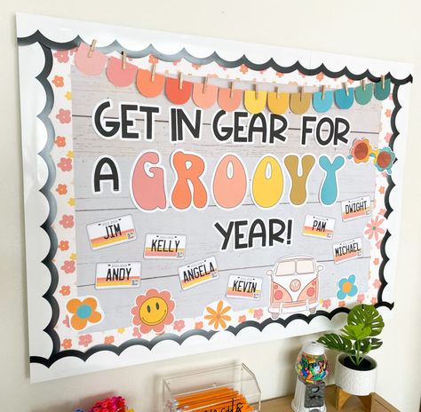 Welcome Board School Ideas, Groovy Work Bulletin Board, Parent Corner Bulletin Boards, Bulletin Board Ideas For Teachers Special Education, Groovy Classroom Theme Bulletin Board, Groovy Year Bulletin Board, Learning Is Groovy, Groovy Preschool Classroom, Back To School Bulletin Boards Elementary Kindergarten