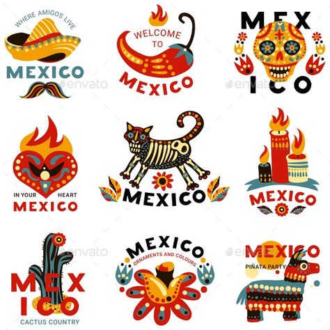 Mexico Icon, Mexican Illustration, Mexican Symbols, Mexican Graphic Design, Mexico Skull, Mexican Restaurant Decor, Colorful Icons, Holiday Symbols, Mexico Design