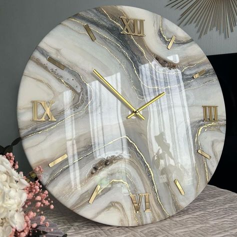 Clock Resin, Marble Clock, Resin Clock, Dining Table Gold, Large Framed Wall Art, Islamic Art Canvas, Diy Wall Clock, Diy Resin Art, Marble Effect