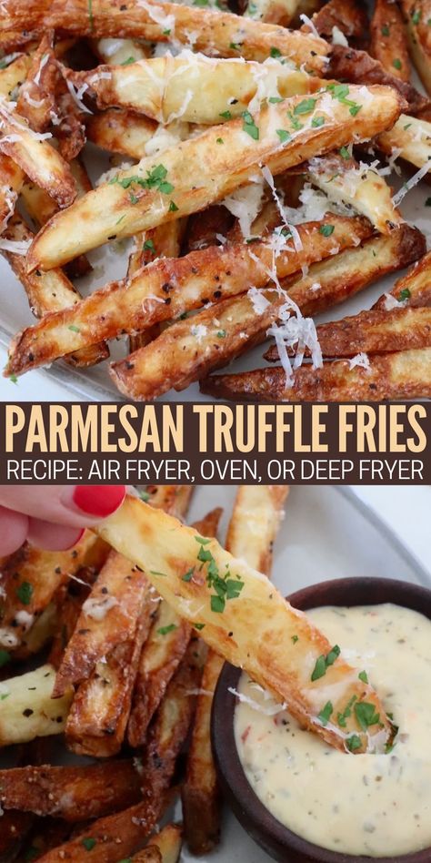 cooked french fries on plate topped with parmesan cheese and parsley, and dipped into a small bowl of garlic parmesan sauce Tallow French Fries, Gravy Fries Recipes, Air Fryer Truffle Fries, Fancy French Fries, Parmesan Truffle Fries Air Fryer, Halloween French Fries, Truffle Fries Recipe, Truffle Butter Recipe, Tasty Potato Recipes