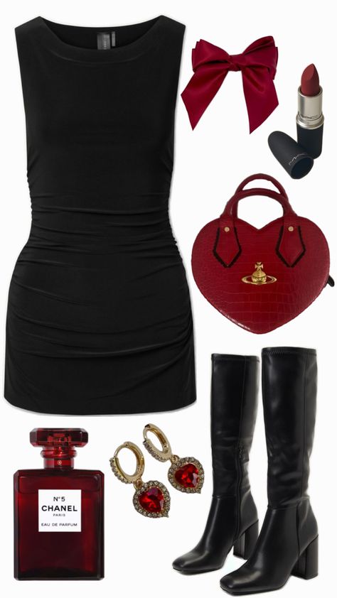 black & dark red outfit, black dress, red accessories, boots Black Outfit Red Accessories, Summer Dark Feminine Outfits, All Black Disney Outfit, Dark Red Dress Outfit, Black Dress With Red Accessories, Black Heels Outfit Casual, Red Accessories Aesthetic, Black Dress With Red Heels, Black And Red Outfit Classy