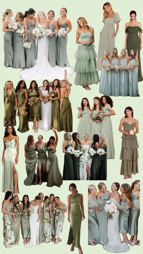 Perfect for any season! Mismatched Green Bridesmaid Dresses, Bridesmaid Color Palette, Green Bridesmaids Dresses, Forest Green Bridesmaid Dresses, Forest Theme Wedding, Bridesmaid Colors, Mismatched Bridesmaid Dresses, Forest Theme, Green Bridesmaid