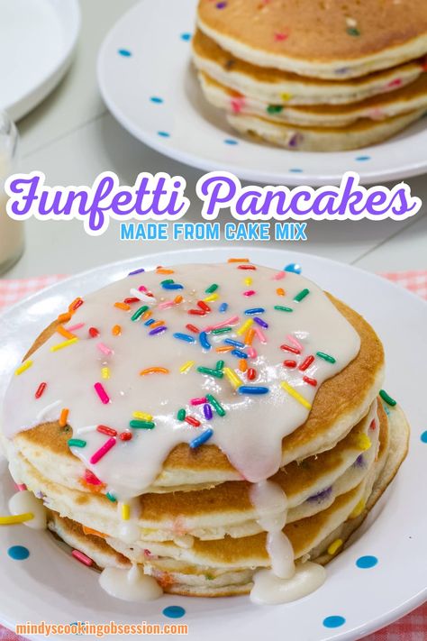 Icing For Pancakes, Funfetti Cake Mix Pancakes, Confetti Pancakes Easy, Cake Mix Pancakes Recipe, Funfetti Pancakes With Cake Mix Easy, Birthday Breakfast Cake, Toddler Birthday Breakfast Ideas, Pancake Cake Birthday, Birthday Pancakes For Kids