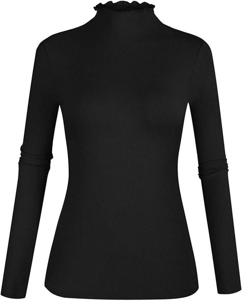 Women's lettuce trim turtle neck long sleeve Fall Office Outfits, Knit Tee Shirt, Elegant Style Women, Dark Academia Clothing, Rib Knit Top, Layered Shirts, Ribbed Knit Top, Mock Neck Top, Casual Tops For Women