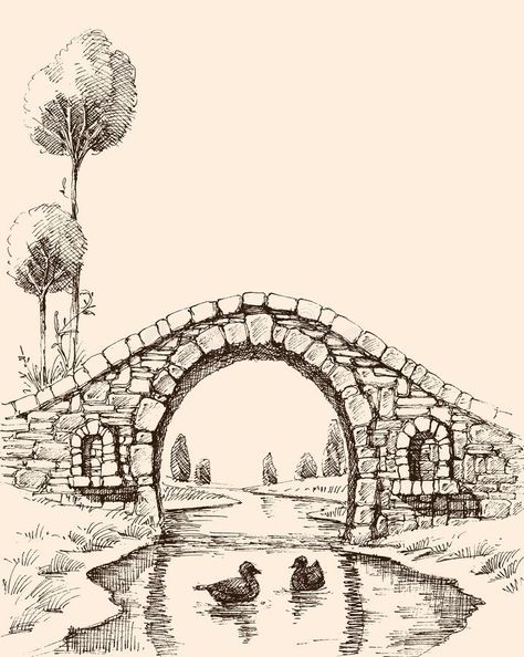 Old stone bridge over river stock illustration Bridge Over River, Bridge Drawing, Landscape Pencil Drawings, Architecture Drawing Sketchbooks, Nature Art Drawings, Bridge Art, Seni Dan Kraf, Pen Art Drawings, Landscape Sketch