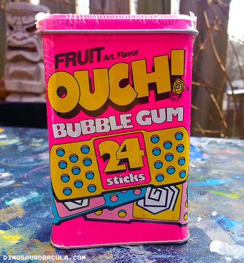 Ouch! is sugar-free bubble gum made by the Wm. Wrigley Jr. Company under the Hubba Bubba brand name. By the 1990s, the gum was available in the flavors of grape, watermelon, and strawberry. Each stick of gum was wrapped with paper made to look like a bandage and was packaged in a metallic container similar to that of a bandage box. In Oct 2009, the gum was redesigned to have a new look and packaging, and is now also available in bubblegum flavor. Ouch Bubble Gum, Gum Brands, Push Up Pops, Cupcake Dolls, Hubba Bubba, Silly Putty, Best Stocking Stuffers, Candy Tins, Fruit Art