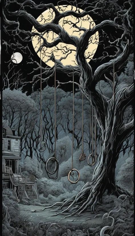 Lovecraftian Eldritch high gothic tim Burton style, full moon night playground swing tree haunted, beautiful scary haunting insanely detailed masterpiece Scary Tree Illustration, Horror Tree Drawing, Tim Burton Landscape, Scary Tree Drawing, Tim Burton Tree, Tim Burton Illustration, Dolly Tattoo, Tim Burton Painting, Tim Burton Artwork