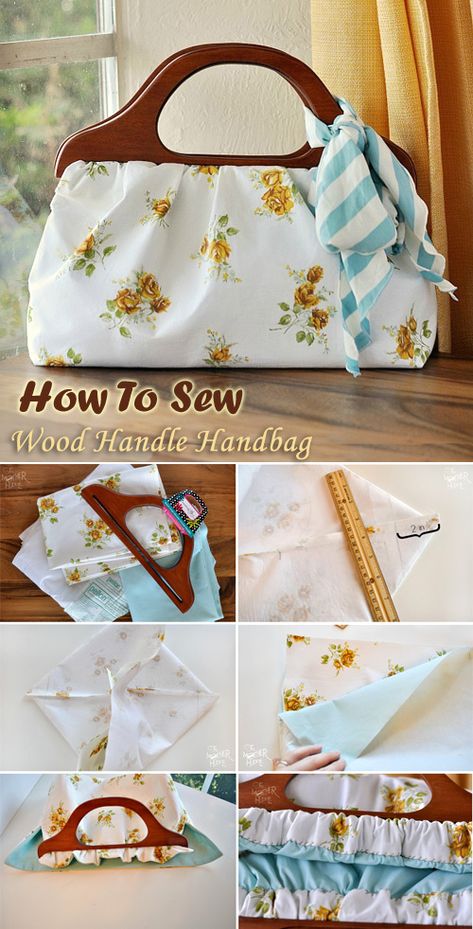 Wood Handle Handbag. Sewing Tutorial - Easy Step to Step DIY! Wood Handle Bag Pattern, Wooden Handle Bag Pattern, Purse Handles Ideas, How To Make Purses At Home, Diy Purse Accessories, Diy Knitting Bag, Diy Handbag Patterns, Wood Handle Bag, Vintage Bag Pattern