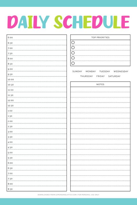 Print unlimited copies of this daily schedule. This template includes time slots 6 am through 8:30 pm. There's also a "top priorities" section and notes section. Use this planner for any day of the week! Family Time Schedule, Free Daily Schedule Printable, Blank Schedule Template, Printable Schedule Templates, Work Organization Printables, Daily Agenda Template, Day Schedule Template, Schedule Printable Free, Iguana Cage