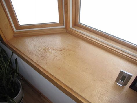 Re-finishing Large Bay Window - NEED HELP | Woodworking Talk Bay Window Renovation, Bay Window Shelves, Painted Bay Window, How To Paint Window Sills, Stained Window Sill With White Trim, Window Sill Replacement Diy, How To Fix Window Sill, Bay Window Shelf, Wood Bay Window