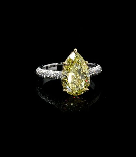 Ring Yellow Diamond, Yellow Diamond Ring, Yellow Diamond Rings, Yellow Gemstones, Pear Cut Diamond, Canary Yellow, White Gold Engagement, White Gold Engagement Rings, Diamond Set