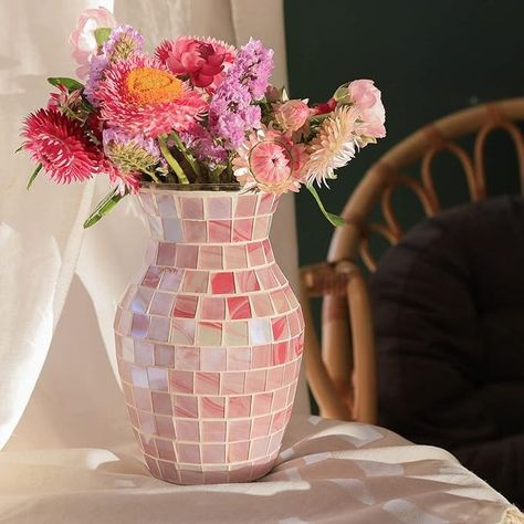 Amazon.com: Pink Vase for Flowers - Handmade Mosaic Glass Vase for Home Decor ，Modern Decorative Flower Vases for Bedroom Kitchen Living Room Centerpieces : Home & Kitchen Pink Art Table, Pink Flower Bowls, Kid Safe Vase, Runuculous Vase, Colorful Vase Centerpieces, Small Pink Glass Vases, Heart Shaped Glass Vase, Ikea Vase Flowers, Glass Flower Cvase