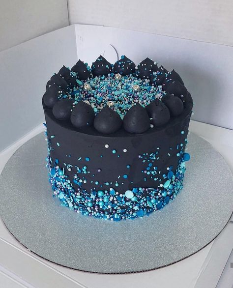 Black cake Black Cake With Sprinkles, Black And Blue Birthday Cake, 14th Birthday Cakes Boy, Cake For Teen Boy, Birthday Cake For Teen Boy, Black And Blue Cake, Blue And Black Cake, Black Bday Cake, Blue Drip Cake