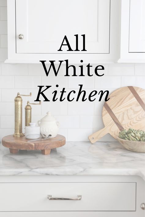 Some people think an all white kitchen is boring but I'm here to tell you it's anything but! Learn how to make simple updates that will keep your kitchen exciting and fresh. Modern Off White Kitchen, Accessories For A White Kitchen, Accessories For White Kitchen, Off White Kitchen Countertops, White Kitchen Styling Ideas, How To Decorate An All White Kitchen, Kitchen Counters With White Cabinets, White Walls With White Cabinets, Adding Color To A White Kitchen