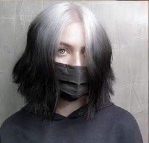 Grey Roots Black Hair, White Roots And Black Ends, Ghost Hair Dye, Goth With White Hair, Ghost Tips Hair, Ghost Hair Color, White Roots Black Hair, Blonde Roots Black Ends, White Roots Hair