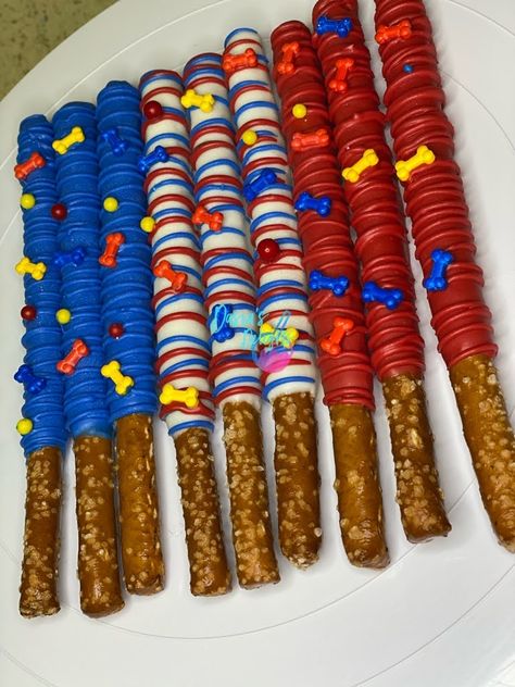 Paw Patrol Party Food Ideas Birthdays, Paw Patrol Birthday Party Centerpieces, Paw Patrol Snack Table, Paw Patrol Chocolate Covered Pretzels, Paw Patrol Pretzels, Diy Paw Patrol Cupcakes, Paw Patrol Party Ideas 2nd Birthday, 4th Birthday Party For Boys Paw Patrol, Paw Patrol Sweet Table Ideas