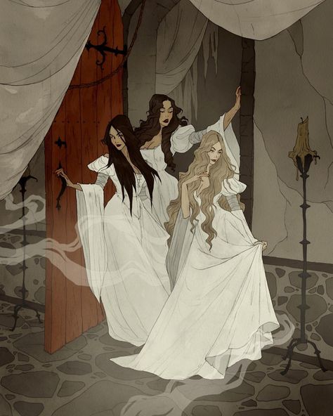 My first #monthoffear piece! 🦇 I’m doing a series of illustrations based on Bram Stoker’s 1897 novel “Dracula” for this year’s challenge, and this week’s prompt is: lies. I chose to depict the “weird sisters” (as Jonathan Harker calls them) as they represent a false allure to their victims; their beauty and charm is a mask that hides the bloodthirsty creatures they truly are 🦇 Abigail Larson, Weird Sisters, Gothic Artwork, Three Women, Witch Art, Art And Illustration, Gothic Art, Pretty Art, Dark Art