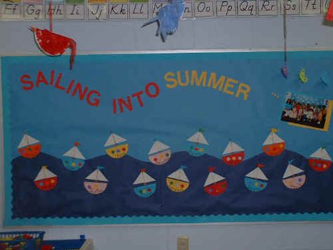 Sailing Into Summer Bulletin Board Suggestion Ocean Bulletin Board, Door Bulletin Boards, Nautical Classroom, Preschool Boards, Summer Bulletin Boards, Spring Bulletin, Spring Bulletin Boards, Preschool Bulletin, Preschool Bulletin Boards