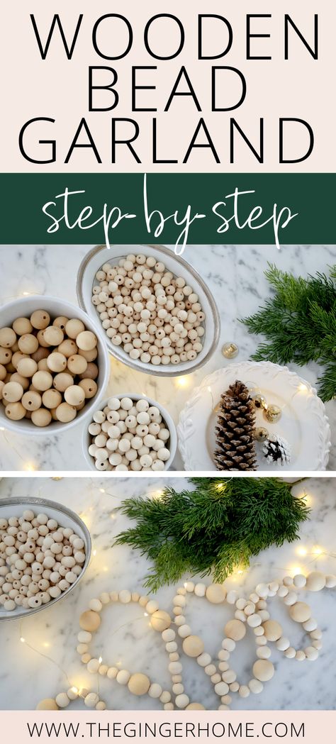 Wooden Bead Garland Diy, Bead Garland Diy, Scandinavian Christmas Trees, Natural Christmas Tree, Minimalist Christmas Decor, Hygge Christmas, Diy Christmas Garland, Natural Christmas Decor, Wooden Bead Garland