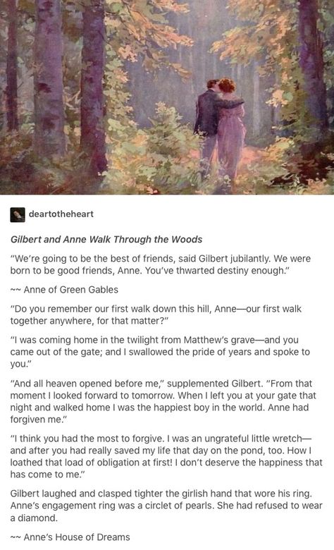 I think this picture perfectly encapsulates Anne and Gil's walks through Lover's Lane.This is just so sweet I want to cry! Gilbert And Anne, Gilbert Blythe, Anne Shirley, Anne With An E, I Want To Cry, Kindred Spirits, Prince Edward Island, Anne Of Green, Anne Of Green Gables