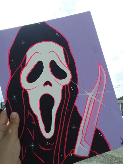 Trippy Ghost Face Painting, Trippy Horror Painting, Ghost Face Acrylic Painting, Horror Movie Character Paintings, Scary Movie Canvas Painting, Painting Ideas On Canvas Ghost Face, Ghostface Painting Cute, Scream Painting Ideas Easy, Vampire Painting Easy