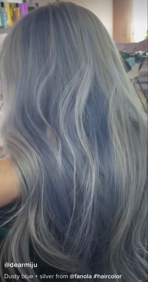 blue hair dusty blue silver hair dye Icy Blue Highlights Brown Hair, Blue Toned Blonde Hair, White Hair Blue Streaks, White And Blue Hair Aesthetic, Blue Jean Hair, Blue Hair Blonde Highlights, Blue Hair With White Highlights, Silver Hair With Blue Highlights, Dusty Blue Hair Color